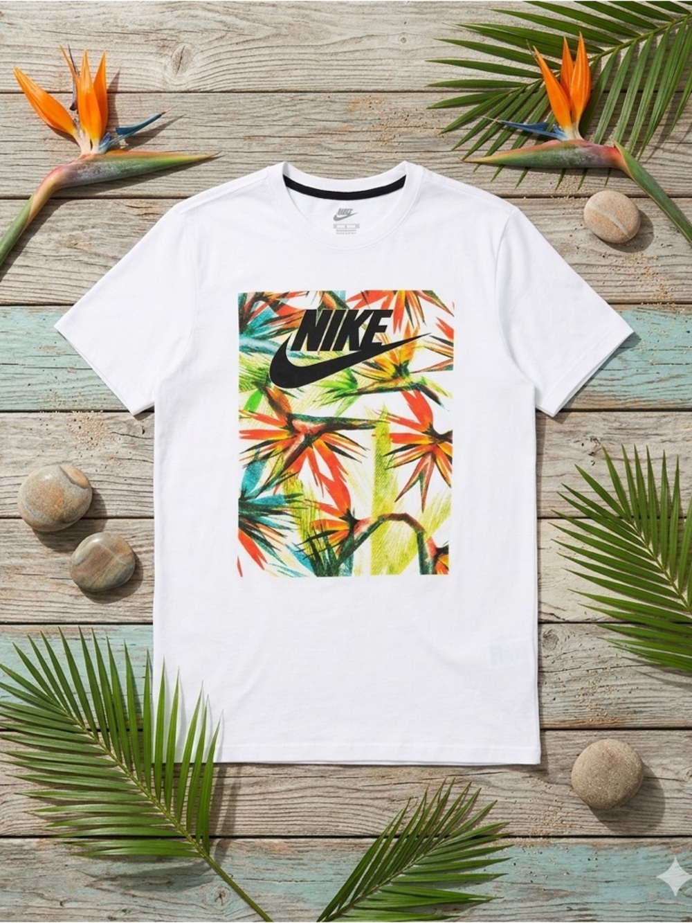 Nike White Short-Sleeve Tee with Multicolor Tropical Print